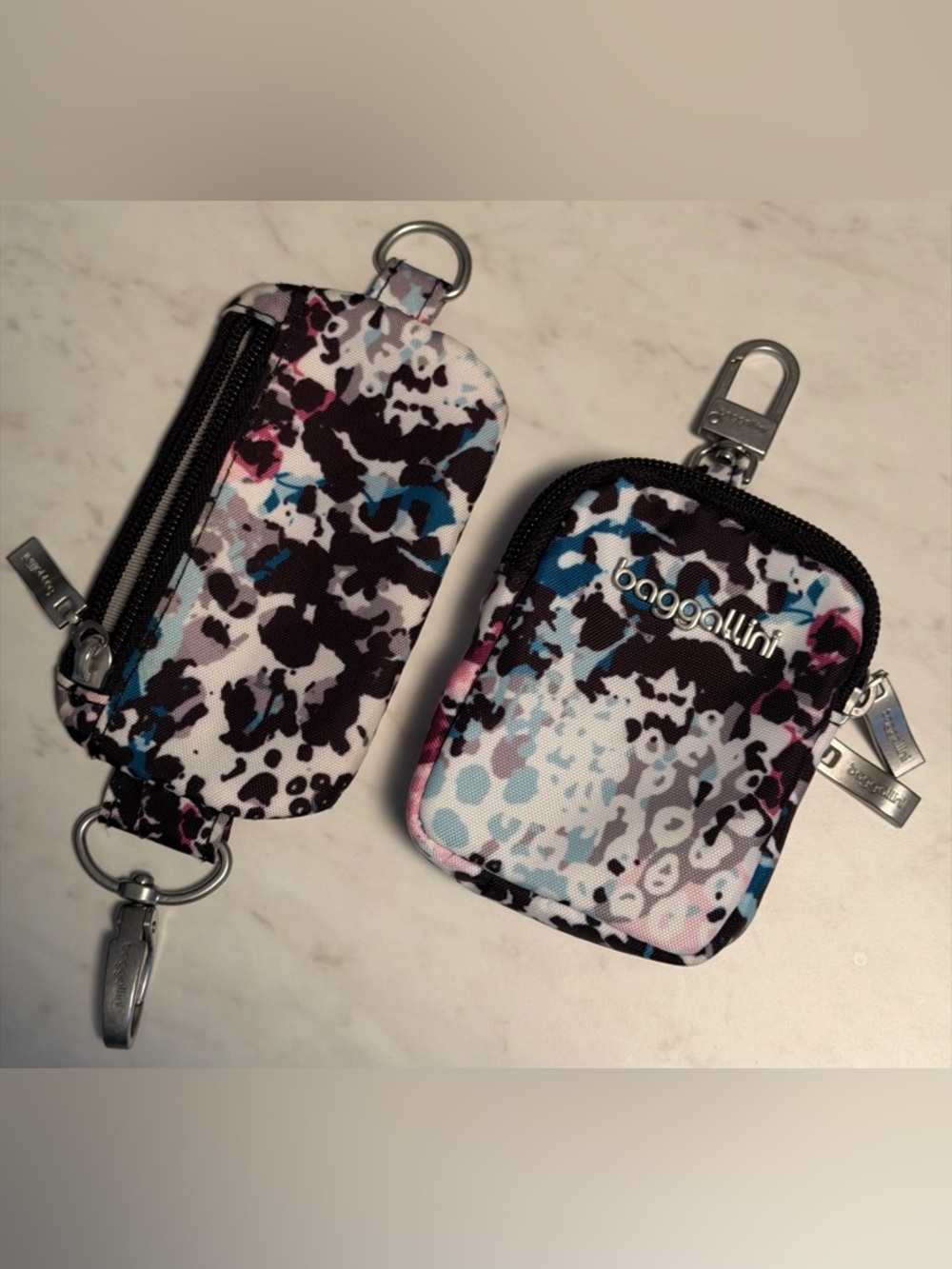 Baggallini On the Go Mini Pouch and Link pouch Black, Pink, Blue & White Pattern